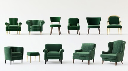 A visually balanced collage of green chairs with diverse styles, featuring empty text areas in black, white, and gold fonts, set against a plain white background.