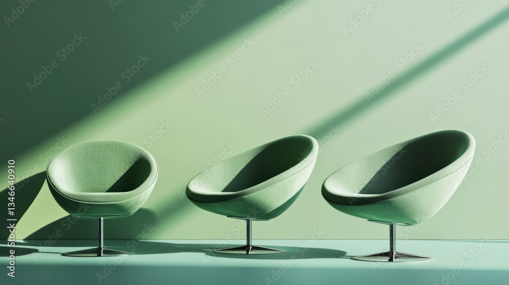 Fototapete a well-balanced digital design of stylish green chairs with different bases, each featuring an empty
