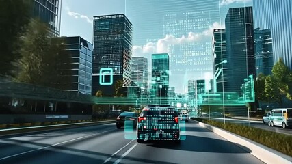 Autonomous vehicle navigating a futuristic smart city environment with digital overlay - Powered by Adobe