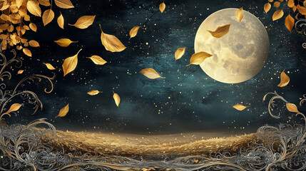 A mystical autumn night scene, golden leaves suspended in the air as though caught in a timeless moment, deep coffee hues mixing with delicate silver filigree,