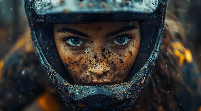 Closeup Portrait Of Woman In Dirt And Helmet
