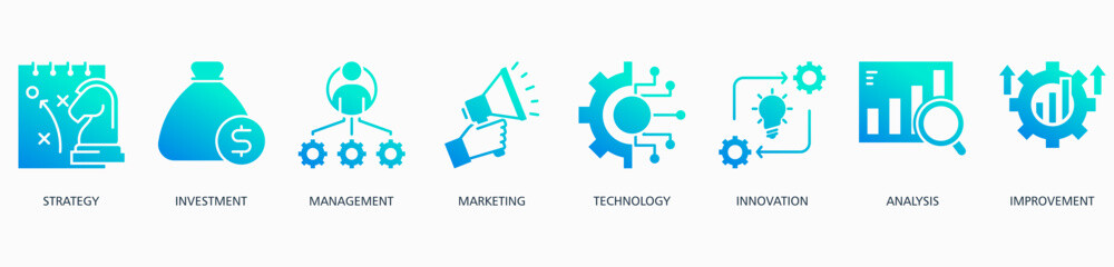 Business Development banner web icon vector illustration concept with icon of strategy, investment, management, marketing, technology, innovation, analysis and improvement