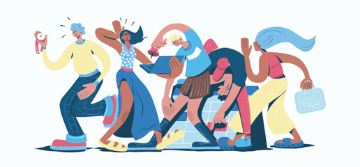 Teamwork concept in cartoon web design. People working in team to deadline, doing tasks at laptop, planning project, colleagues cooperating. Flat vector illustration isolated on white background.