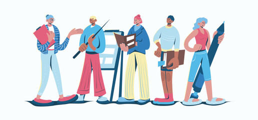 School staff concept in cartoon web design. People working as teachers together, explaining lessons by blackboards, filling class journals. Flat vector illustration isolated on white background.