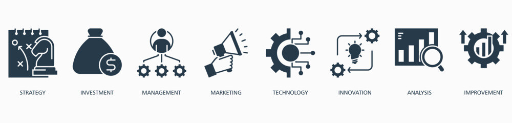 Business Development banner web icon vector illustration concept with icon of strategy, investment, management, marketing, technology, innovation, analysis and improvement