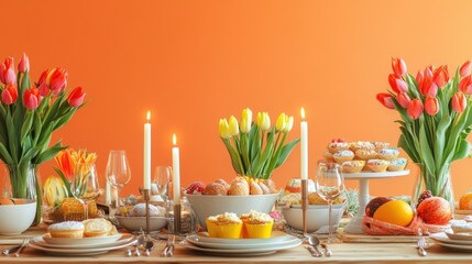 A stunning Easter dining setup with bright tulips, candlelit charm, and a wooden table decorated with seasonal treats against a vibrant orange backdrop.