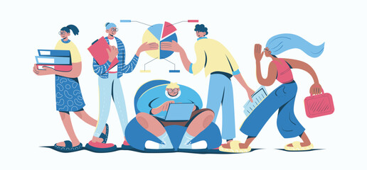 Team looking for business goals concept in cartoon web design. People making research, analyzing trends at graph, finding entrepreneurship ideas. Flat vector illustration isolated on white background.