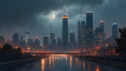 Rainy day skyline photography. Cinematic urban landscape shots. Moody and ultrarealistic city scenes. Colorful illustrations of rainy weather.