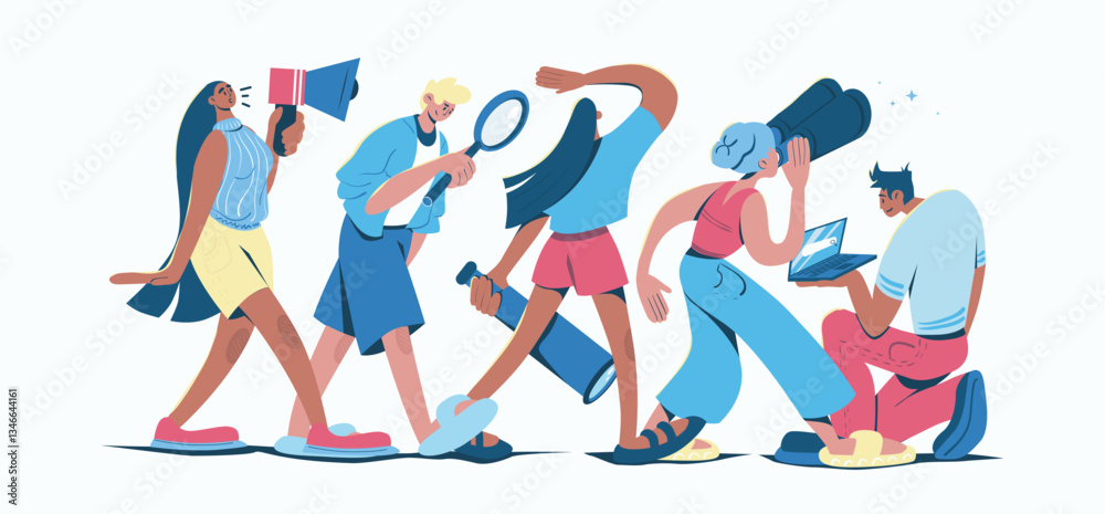 Poster searching for opportunities concept in cartoon web design. people with binoculars, magnifiers and te