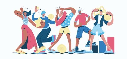 Business award concept in cartoon web design. People work in team, achieving success, celebrating victory with gold cup, stars and money reward. Flat vector illustration isolated on white background.