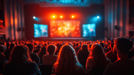 Audience watching movie on big screen in cinema or theater