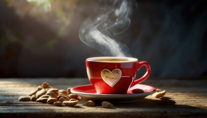 steaming cup of coffee in red ceramic cup with heart-shaped steam on rustic wooden table with scattered cookies in sunlight

