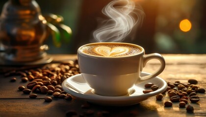 steaming cappuccino with cinnamon on wooden table, heart-shaped steam rising, coffee beans scattered, warm cozy atmosphere

