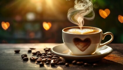 steaming cappuccino with cinnamon on wooden table, heart-shaped steam rising, coffee beans scattered, warm cozy atmosphere

