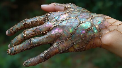 A hand adorned with iridescent, mineral-like scales