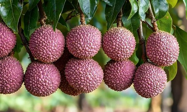 A close-up photograph of fresh, ripe lychee fruits hanging from a tree branch with leaves.