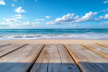 Fototapeta premium Serene Ocean Beach Scene with Rustic Wooden Deck Sunny Day