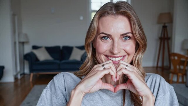 Happy young woman heart hands. She is making a heart symbol with her hands.