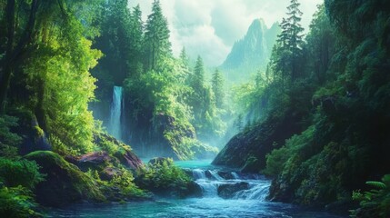 Lush river running Magical diverse Olympic national rainforest fantasy sci-fi. Cinematic, colorful hyper detailed, realistic anime, National Geographic photography, drone shot