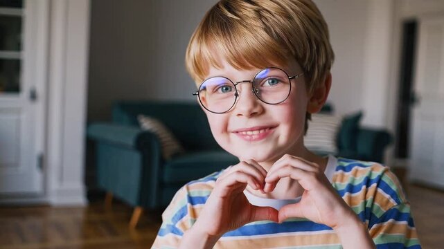 Happy cute 6-year-old boy child in striped t-shirt and round glasses heart hands. He is making a heart symbol with his hands.