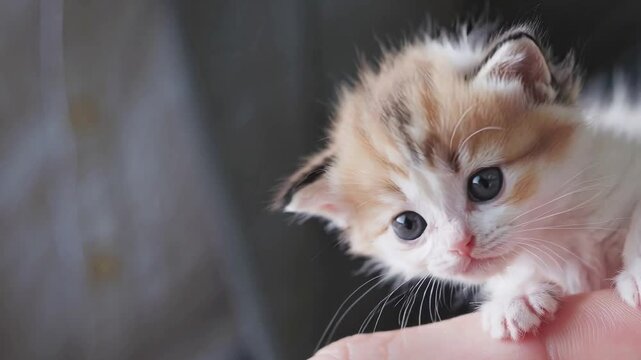 Closeup of a cute small newborn little kitty on a finger's hand.
