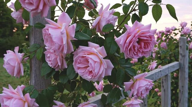 Closeup of a rose garden with big pink roses.