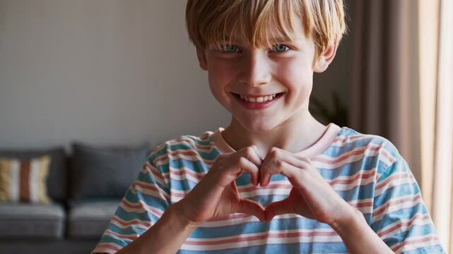 Happy cute 10-year-old boy child in striped t-shirt heart hands. He is making a heart symbol with his hands.