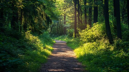 Fototapeta premium Lush Lush Forest Scene Path Vibrant Sunlight Soft Greenery