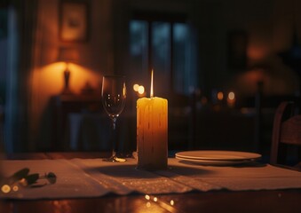 Romantic candlelit table with elegant wine glass and plates.