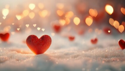 Fototapeta premium romantic red heart on sparkling snow with golden bokeh lights, soft dreamy atmosphere, love and valentine's day concept