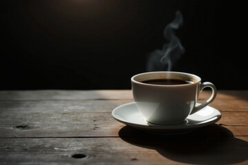 Aromatic Coffee Steam Rising from a White Mug on Rustic Wooden Table