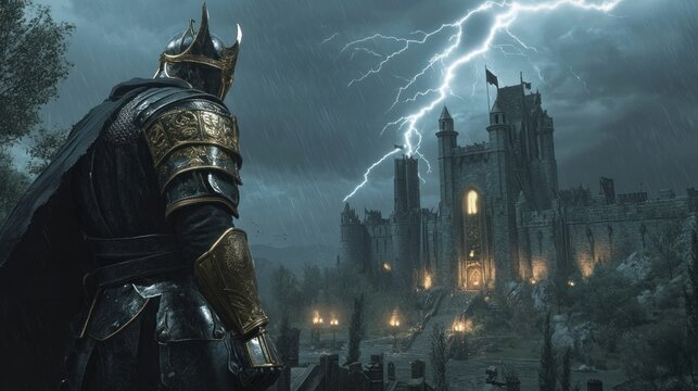 Fototapeta Dark armored warrior watches stormy castle