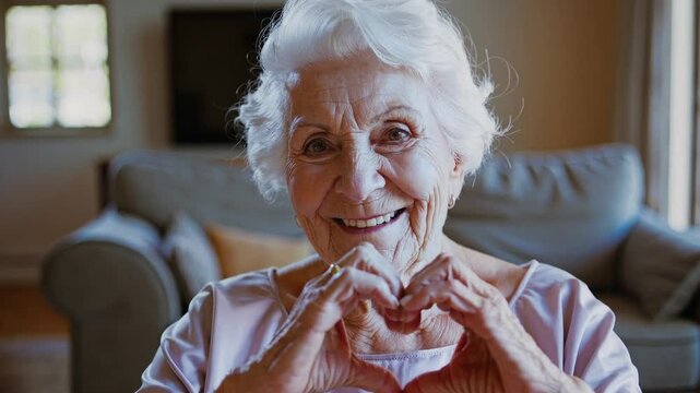 Happy old white-haired woman heart hands. She is making a heart symbol with her hands.