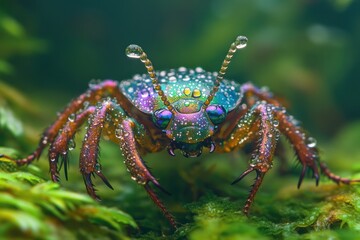 Fototapeta premium Iridescent beetle rainforest macro close-up; vibrant green moss background; nature photography