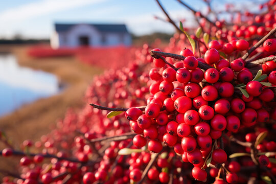 enchanting allure of a Cape Cod cranberry bog, adorned with scarlet berries, submerged fields, and an overwhelming ambiance of age old customs and bountiful harvests in this quintessential New England