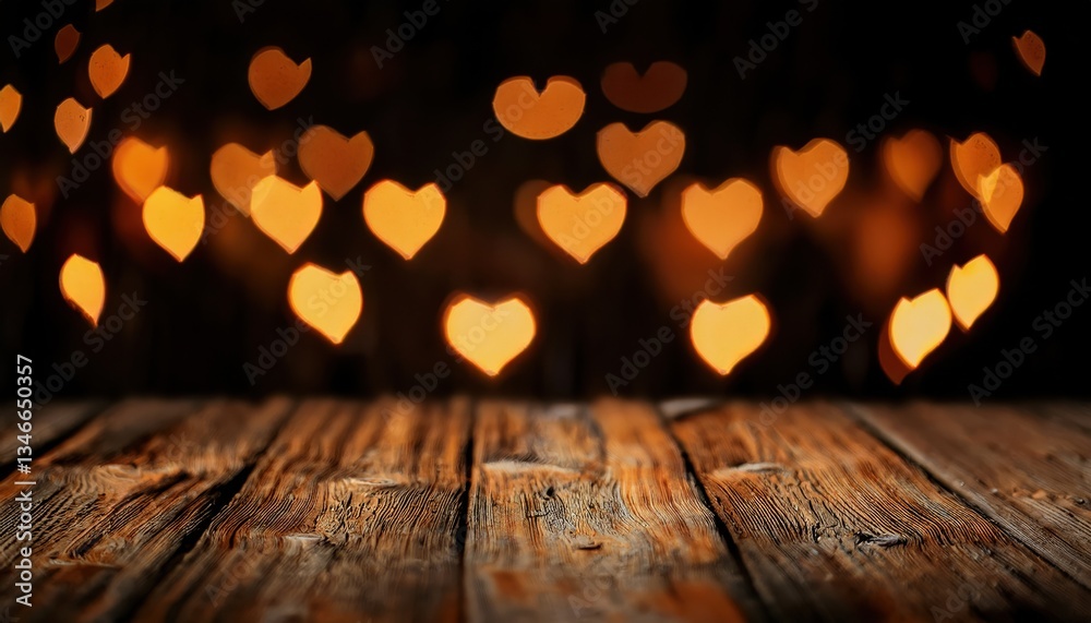 Poster rustic wooden table with heart-shaped golden bokeh lights in the background, romantic blur effect, w