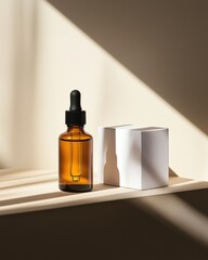 Minimalist apothecary dropper bottle with white packaging and dramatic light and shadow play on a beige background