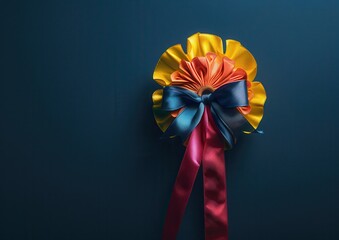 Colorful ribbon rosette on a dark background.