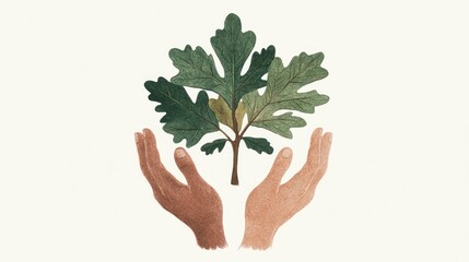 Hands cradling young oak sapling, nature background, environmental conservation