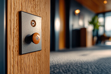 Close-Up of Vintage Doorbell Button with Blurred Corridor Background 
