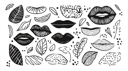 Naklejka premium Monochrome lips and leaves design; botanical beauty; graphic art; website, print