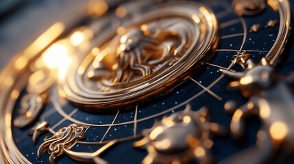 Detailed Golden Celestial Chart with Zodiac Signs and Night Sky Elements