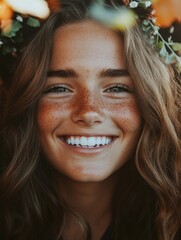 Fototapeta premium Radiant Summer Glow Natural Beauty Aesthetic with Soft Floral Accents - Authentic Wellness and Lifestyle Portraiture for Gen Z Self-Expression