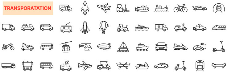 Transportation Icon Set – Vehicles, Public Transport, Air, Land, Water, Space, Travel, Logistics, Cargo, Delivery, Shipping, Aviation, Electric Vehicles, Sustainable Transport