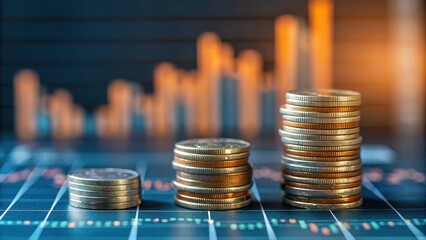 Economic risk affects investment and banking sector concept. Stacks of coins on a graph background representing growth and finance.