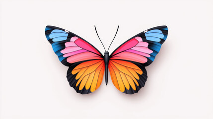 Kenspeckle, Vibrant butterfly with intricate patterns in blue, pink, and orange against a light background.