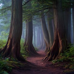 Foggy cedar forest with a mysterious with a breathtaking perspective.