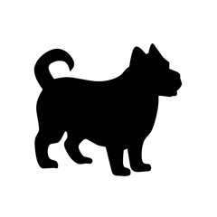 Black silhouette of a small dog with a curled tail and upright ears, ideal for pet designs, animal graphics, and vector illustrations