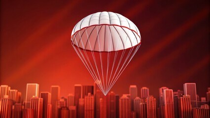 Obraz premium Economic risk affects investment and banking sector concept. A parachute hovers over a stylized city skyline with a vibrant red background.