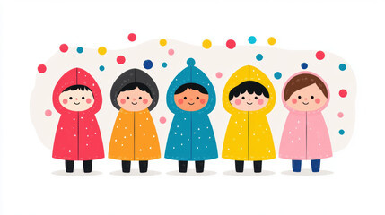 Fototapeta premium Kenspeckle, Five colorful children in raincoats play with raindrops against a whimsical background.